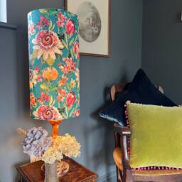 Summer Garden Velvet Cylinder Lampshade, Extra Tall Lampshade Floral Summer in Teal Velvet - thumbnail 2