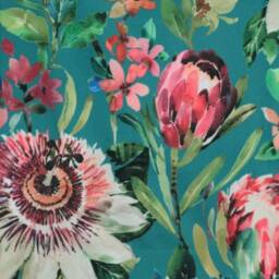 Summer Garden Velvet Cylinder Lampshade, Extra Tall Lampshade Floral Summer in Teal Velvet - thumbnail 3
