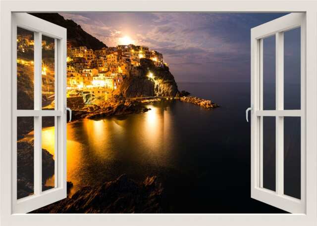 Island Night View Wall Decal, 3D Window Frame, Mural, Living Room Home Decor