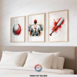 Personalized Boys Baseball Art - Set Of 3 Prints - Custom Boy Bedroom Wall Decor Kids Posters Red & White - thumbnail 1