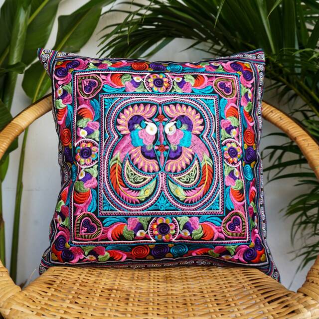 16x16 Handcrafted Hmong Embroidered Pillow Cover, Tribal Cushion Cover - Cs101Cb - image 1