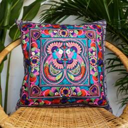 16x16 Handcrafted Hmong Embroidered Pillow Cover, Tribal Cushion Cover - Cs101Cb - thumbnail 1