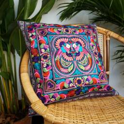 16x16 Handcrafted Hmong Embroidered Pillow Cover, Tribal Cushion Cover - Cs101Cb - thumbnail 2