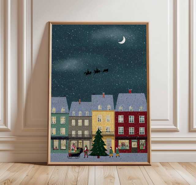 Christmas Town Poster, Illustration Style Holiday Wall Art, Snowy Village Decor, Festive Night Winter Print, Gift Artwork - image 1