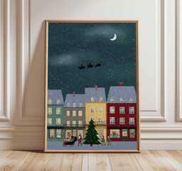 Christmas Town Poster, Illustration Style Holiday Wall Art, Snowy Village Decor, Festive Night Winter Print, Gift Artwork - thumbnail 1