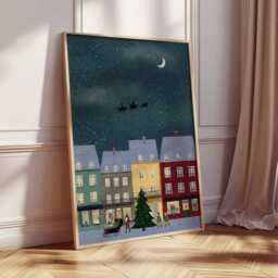 Christmas Town Poster, Illustration Style Holiday Wall Art, Snowy Village Decor, Festive Night Winter Print, Gift Artwork - thumbnail 2