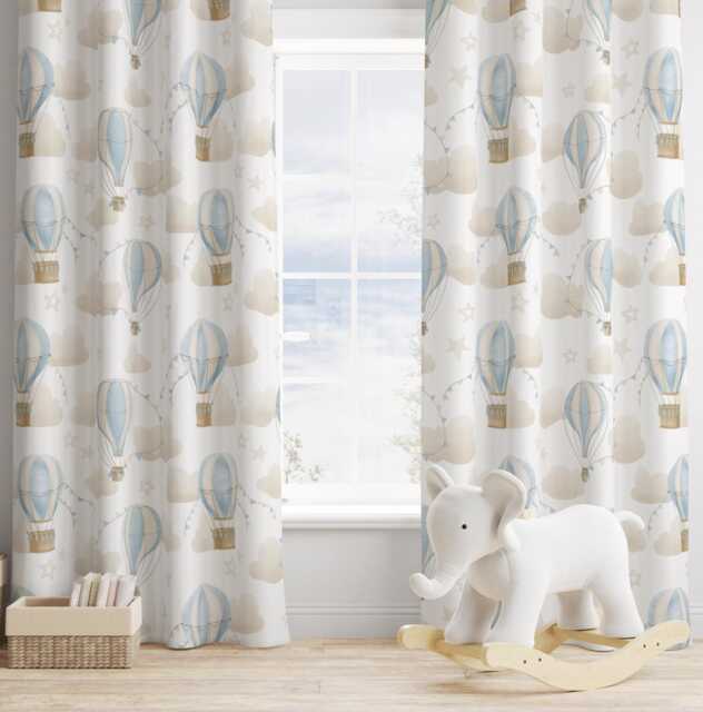 Multiple Hot Air Balloons - Baby Blue Curtains, Nursery Curtains Blackout Or Non Blackout, With Eyelets, Pencil Pleat Rod Pocket - image 1