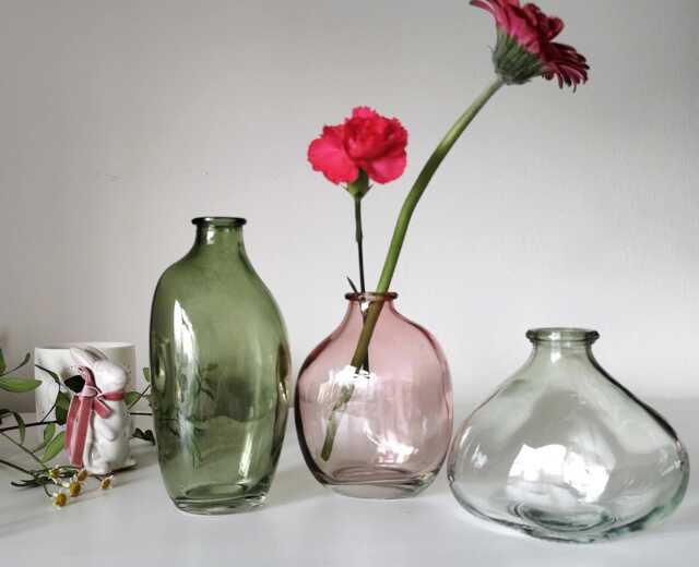 Coloured Glass Vase Trio Sage Green & Pink Bottles, Spring Decor
