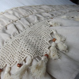 Ruffled Linen Bed Scarf, Crochet Lace Tassel Trim, Bohemian Bedding - thumbnail 4
