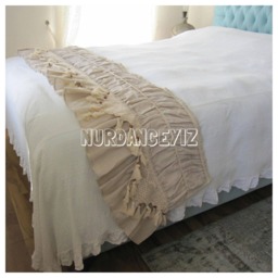 Ruffled Linen Bed Scarf, Crochet Lace Tassel Trim, Bohemian Bedding - thumbnail 3