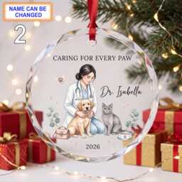 Caring For Every Paw Christmas Glass Ornament, Custom Veterinarian Keepsake With Puppy, Cat, Stethoscope & Pet Care Details - thumbnail 2