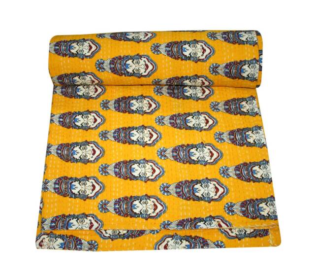 Yellow Kalamkari Kantha Quilt Bed Cover - Handmade Cotton Bedspread - image 1