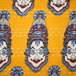 Yellow Kalamkari Kantha Quilt Bed Cover - Handmade Cotton Bedspread - thumbnail 3