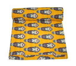 Yellow Kalamkari Kantha Quilt Bed Cover - Handmade Cotton Bedspread