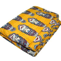 Yellow Kalamkari Kantha Quilt Bed Cover - Handmade Cotton Bedspread - thumbnail 2
