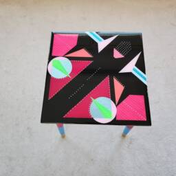 Hand Painted Epoxy Resin Side Table, Black Wood, Geometric Pop Art - thumbnail 4