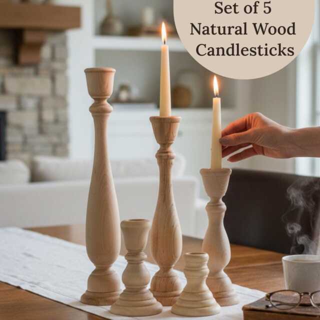 Tapered Candlesticks Set Of 5 Rustic Taper Candle Holders Natural Wood For Wedding Centerpiece Decor Mantel Ideas - image 1
