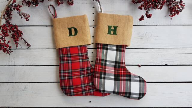 Plaid Christmas Stockings, Family Tartan Burlap Cuff Stockings - image 1