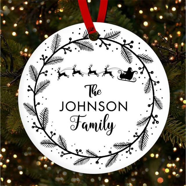 Family Name Santa Sleigh Round Personalised Christmas Tree Ornament Decoration
