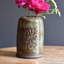 Handmade Carved Small Bud Vase, Green/Brown/Ceramic Pottery Hand-Carved Sunburst Rustic - thumbnail 1