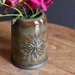 Handmade Carved Small Bud Vase, Green/Brown/Ceramic Pottery Hand-Carved Sunburst Rustic - thumbnail 2