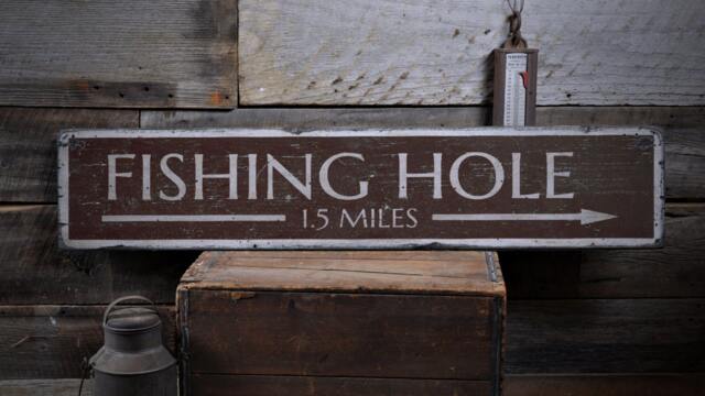 Fishing Hole Arrow Mileage Wood Sign, Personalized Location Name Distance Wall Decor - Rustic Hand Made Vintage Wooden Sign - image 1