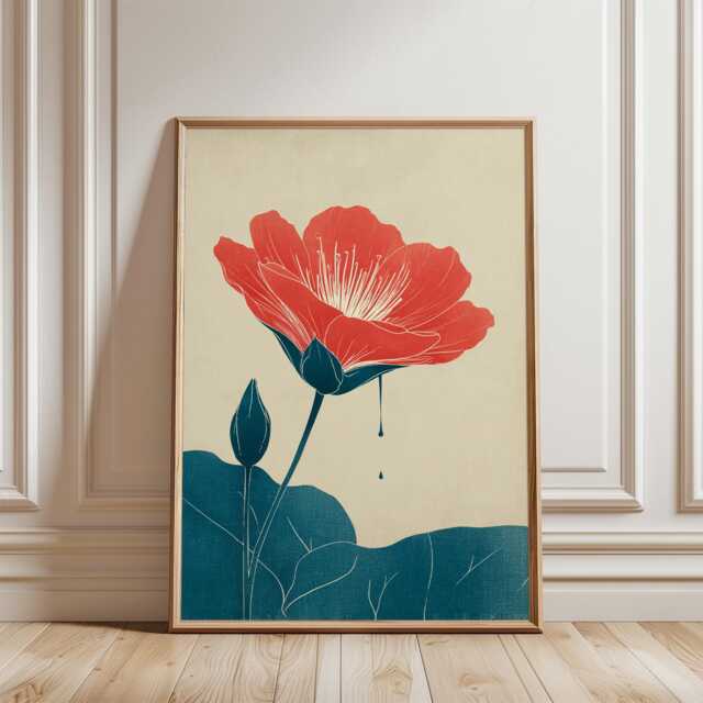 Red Poppy Poster - Floral Wall Art Botanical Illustration Print Modern Teal & Home Decor Mid Century Graphic - image 1