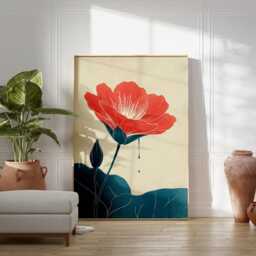 Red Poppy Poster - Floral Wall Art Botanical Illustration Print Modern Teal & Home Decor Mid Century Graphic - thumbnail 3
