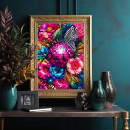 Vibrant Maximalist Zebra & Disco Ball Floral Wall Art - Bold Jewel Tone Home Decor Quirky Hot Pink Print - thumbnail 1