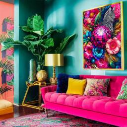 Vibrant Maximalist Zebra & Disco Ball Floral Wall Art - Bold Jewel Tone Home Decor Quirky Hot Pink Print - thumbnail 2
