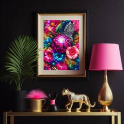 Vibrant Maximalist Zebra & Disco Ball Floral Wall Art - Bold Jewel Tone Home Decor Quirky Hot Pink Print - thumbnail 3