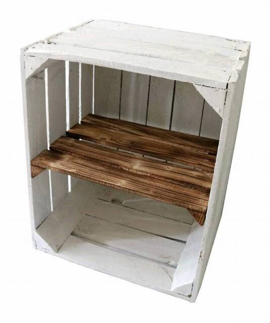 1 X White Painted Crate With Short Burnt Wood Shelf - Wooden Apple Crates, Ideal Storage Boxes Box Display Crate Bookshelf Dresser - image 1