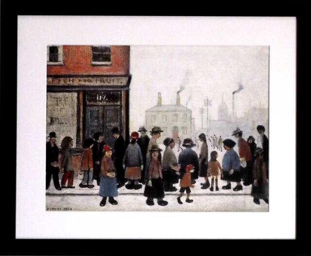 L S Lowry Authentic Art Print - Waiting For The Shop To Open Satin Black Frame With White Mount & Textured Image - image 1