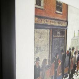 L S Lowry Authentic Art Print - Waiting For The Shop To Open Satin Black Frame With White Mount & Textured Image - thumbnail 2