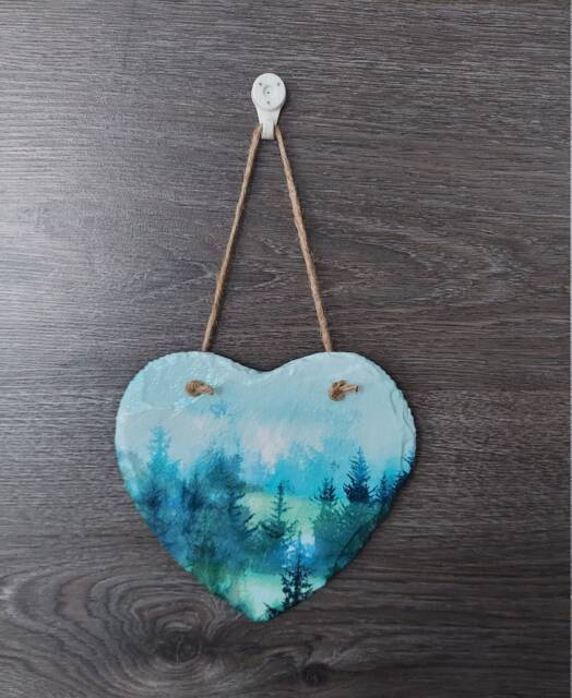 Decoupage Forest Scene Slate Heart Plaque - Teal Woodland Wall Hanging - image 1