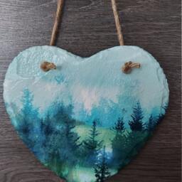 Decoupage Forest Scene Slate Heart Plaque - Teal Woodland Wall Hanging - thumbnail 2