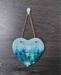 Decoupage Forest Scene Slate Heart Plaque - Teal Woodland Wall Hanging - thumbnail 1
