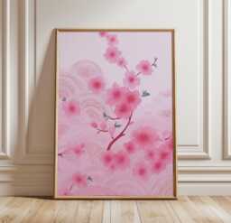 Pink Cherry Blossom Wall Art Poster Japanese Floral Illustration Sakura Print Minimal Home Decor Living Room Art, Style - thumbnail 1