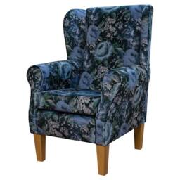 Blue Floral Velvet Wingback Armchair Handmade - Fireside Accent Upholstered Chair British Bespoke Made