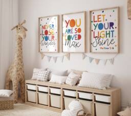 Set Of 3 Rainbow Wall Art, Christian Bible Verse, You Are Loved, Personalised, Boys Bedroom, Girls Let Your Light Shine - thumbnail 1