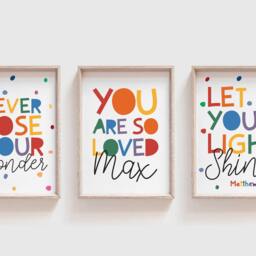 Set Of 3 Rainbow Wall Art, Christian Bible Verse, You Are Loved, Personalised, Boys Bedroom, Girls Let Your Light Shine - thumbnail 2