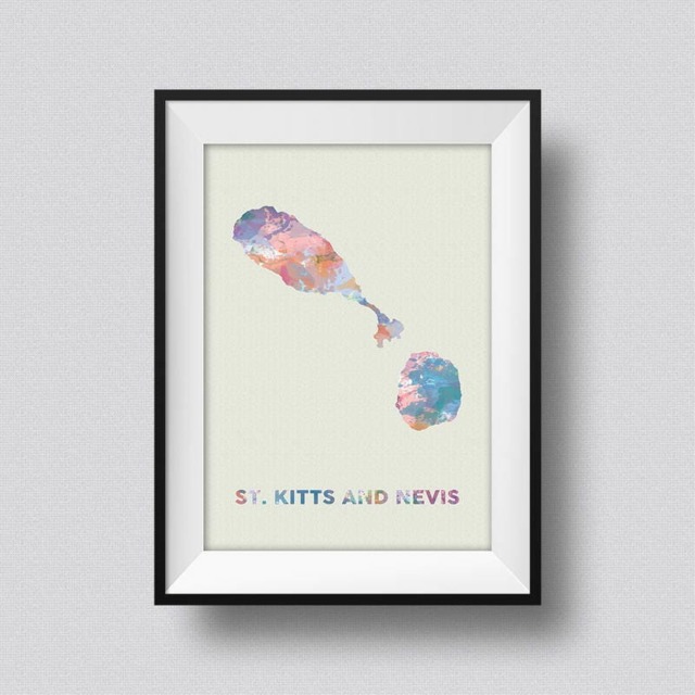 st. Kitts & Nevis Map Watercolor Art Print Ink Splash Poster Canvas