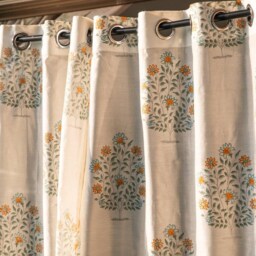 Orange & Green Oleander Blockprint Maheshwari Silk Curtains, Curtains For Home, Living Room Door Grommet Drapes - thumbnail 2