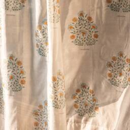 Orange & Green Oleander Blockprint Maheshwari Silk Curtains, Curtains For Home, Living Room Door Grommet Drapes - thumbnail 3