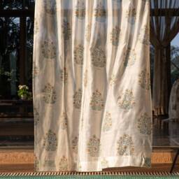 Orange & Green Oleander Blockprint Maheshwari Silk Curtains, Curtains For Home, Living Room Door Grommet Drapes