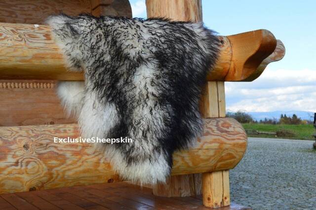Curly Icelandic White-Black Genuine Sheepskin Lambskin Sheep Skin Rug Pelt Long Wool Soft Throw, Schaffell, Hygge - image 1