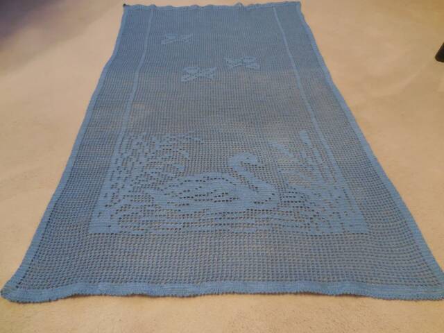 Crochet Curtain Light Blue Swan Crocheted Vintage 81 cm X 52 - image 1