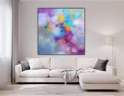 Oversized Abstract Canvas Print Teal, Pink, Yellow Square - Modern Wall Art