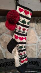 Hand Knit Christmas Stocking Green Red Sampler Hearts Fir Trees Flowers By Santa's Works
