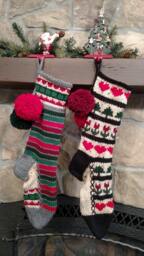 Hand Knit Christmas Stocking Green Red Sampler Hearts Fir Trees Flowers By Santa's Works - thumbnail 3